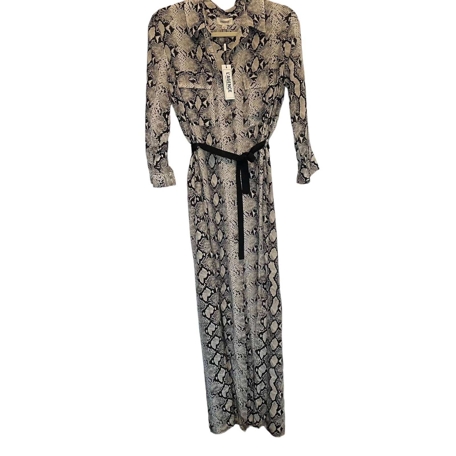 L'agence Maxi Shirt Dress 100% Silk Cameron Black Cream Snakeskin Print Size Xs